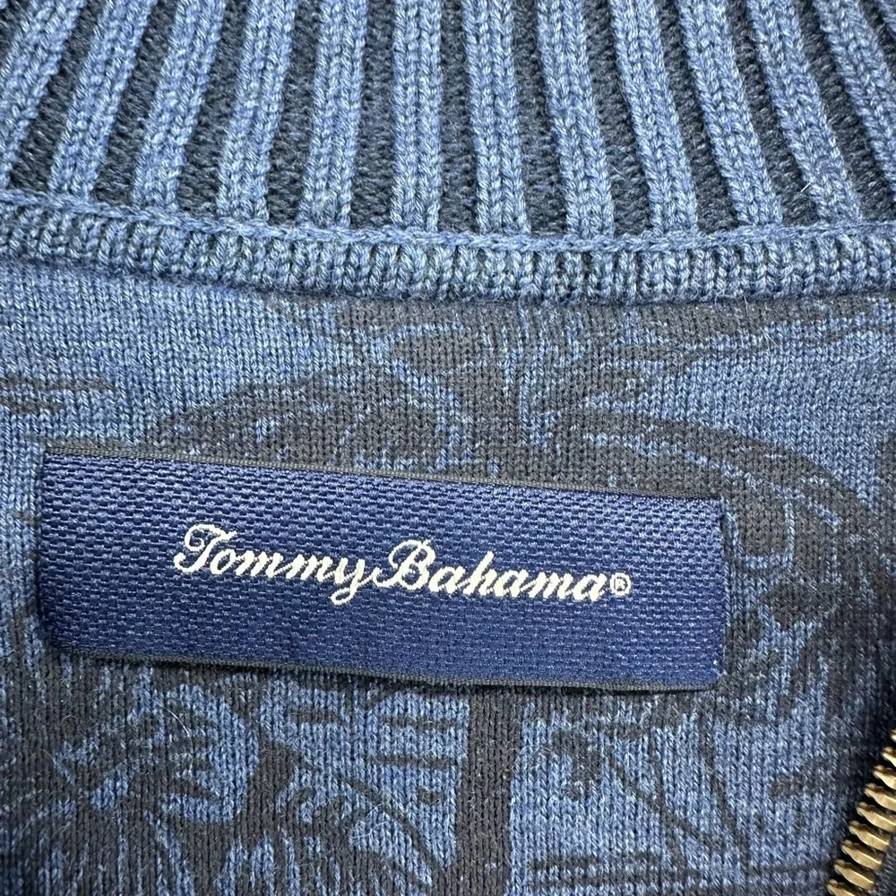 Tommy Bahama Men's Large Blue Cotton Quarter Zip Sweater Diamond Cable‎ Knit